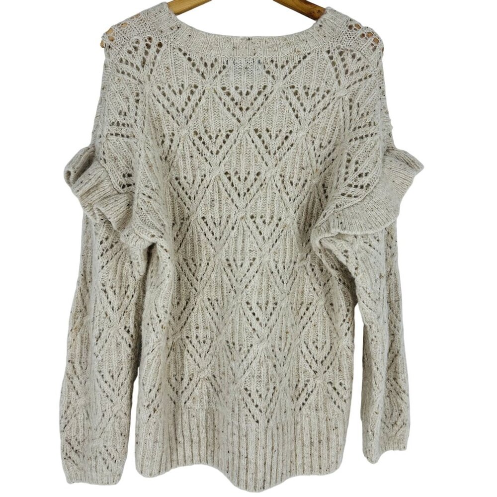 Old Navy Beige Ruffle Trim Pointelle Crew Neck Long Sleeve Cozy Knit Sweater L - Picture 5 of 10
